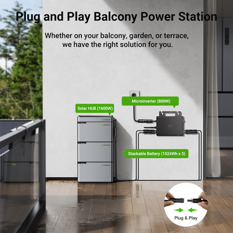 LIONSHEE Modular Balcony Energy Storage System with Stackable Battery, Solar Panels And 800W/1600W/2000W Microinverter Options