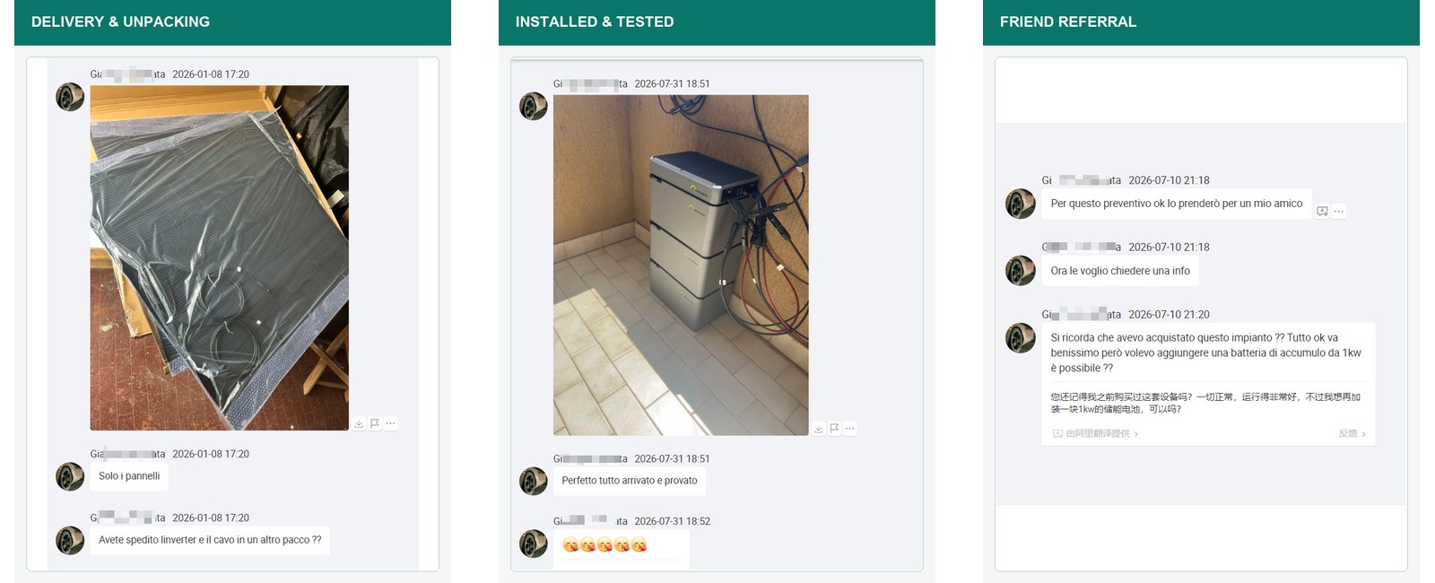 Customer delivery, completed installation and referral conversation