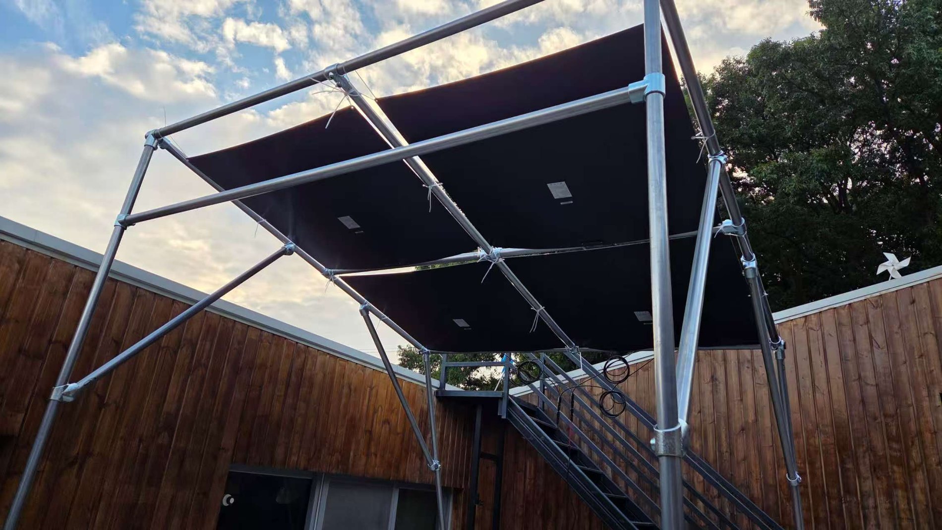 Underside view of the test canopy with flexible modules mounted above the frame