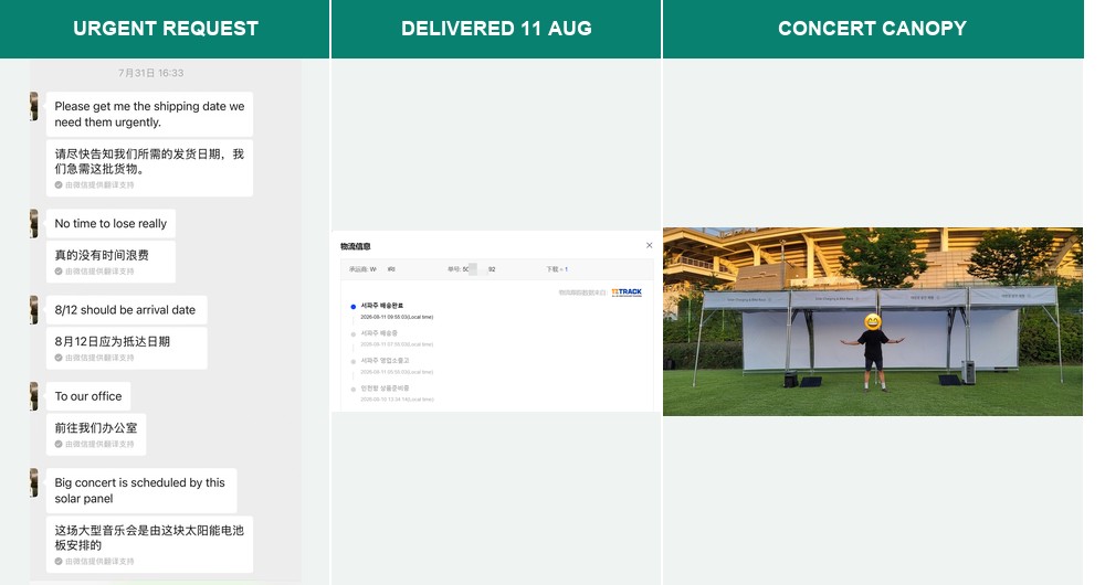 Urgent scheduling request, carrier delivery record and the completed event solar canopy