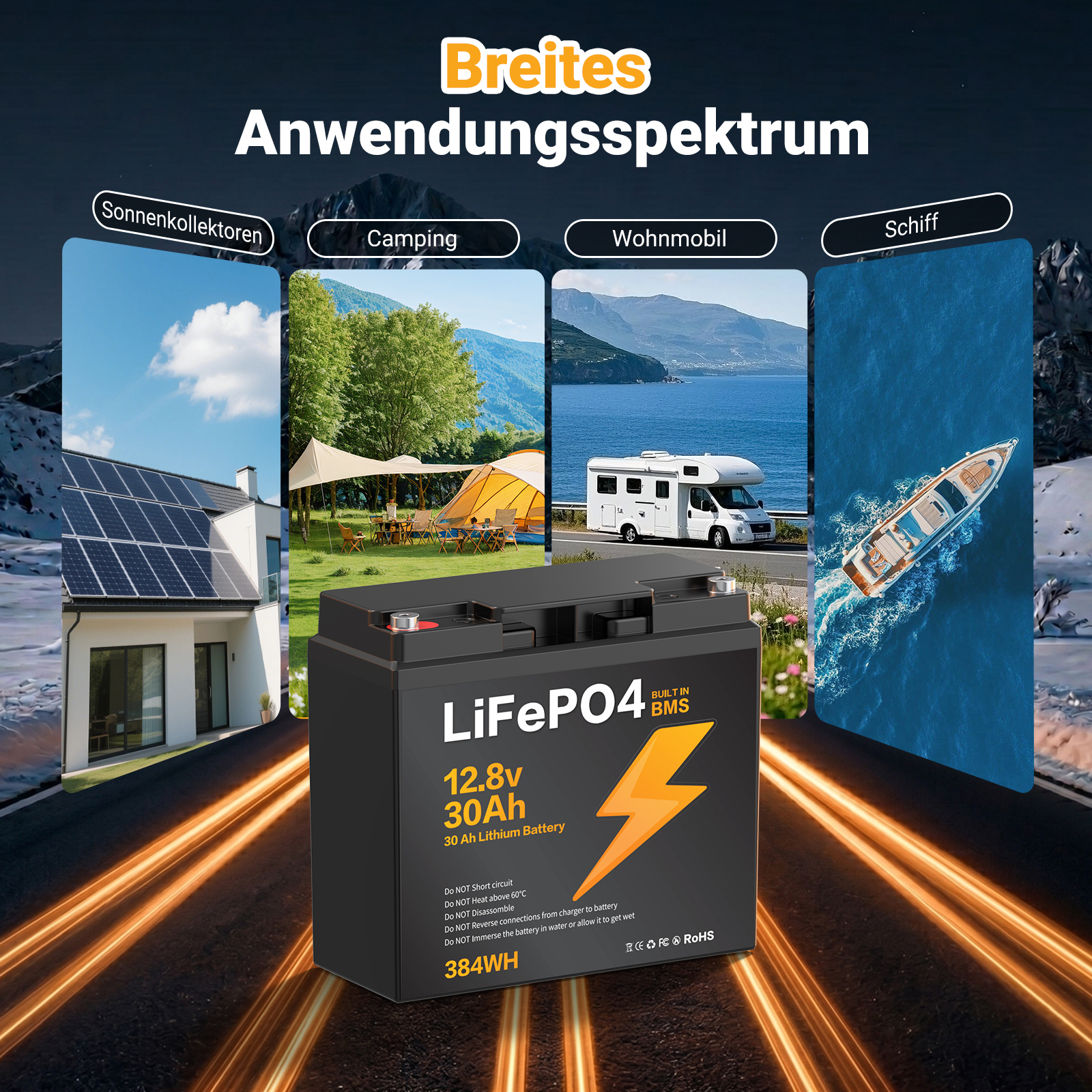 LIONSHEE BZ0037-LFPTS-30A 12.8V 30Ah 384Wh IP67 LiFePO4 Lithium Battery
