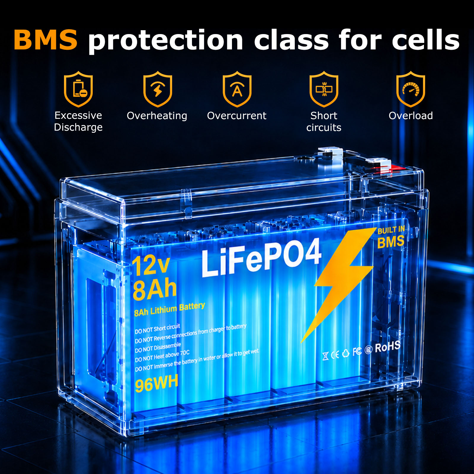 LIONSHEE 12V 8Ah LiFePO4 Battery with Built-in BMS, 96Wh and Up to 15,000 Cycles – BZ0003-LFP-7.5A