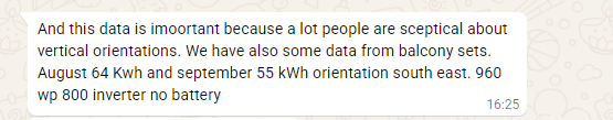 Original WhatsApp message from the Dutch customer about vertical solar orientation and balcony set yields for August and September