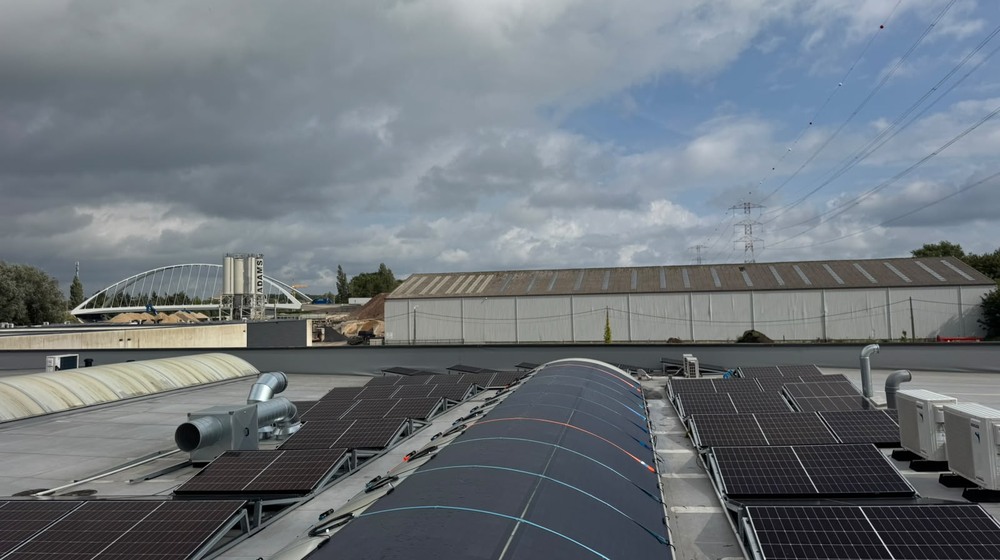 Factory roof in Belgium with flexible solar modules along a curved bay and rigid modules on the flat sections